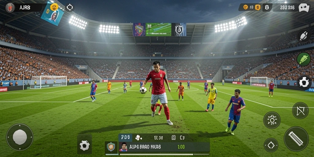 Tampilan gameplay seru dalam AJR88, menunjukkan aksi sepak bola yang mendebarkan.
