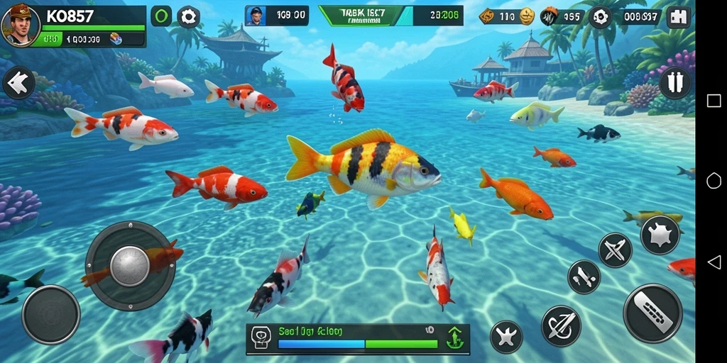 Screenshot menunjukkan gameplay seru di KO857 dengan aksi menembak ikan.