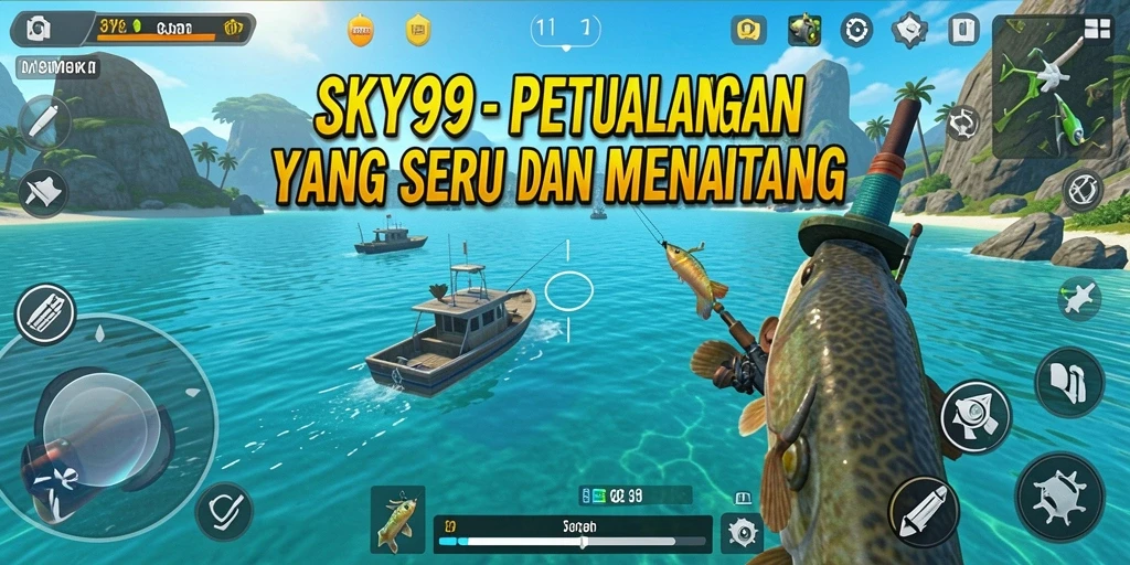 Screenshot gameplay SKY99 menampilkan keseruan memancing di laut lepas.
