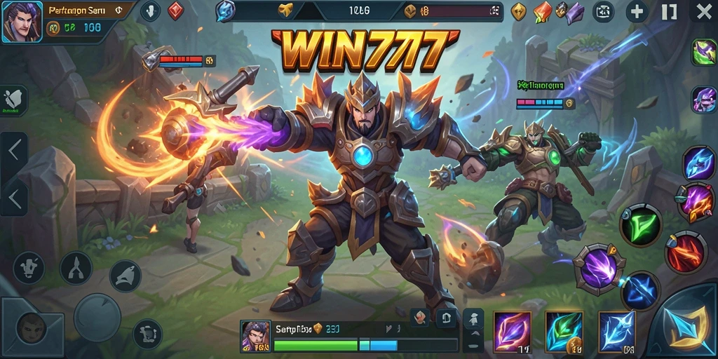 Tampilan seru pertempuran dalam WIN777 dengan karakter MOBA.